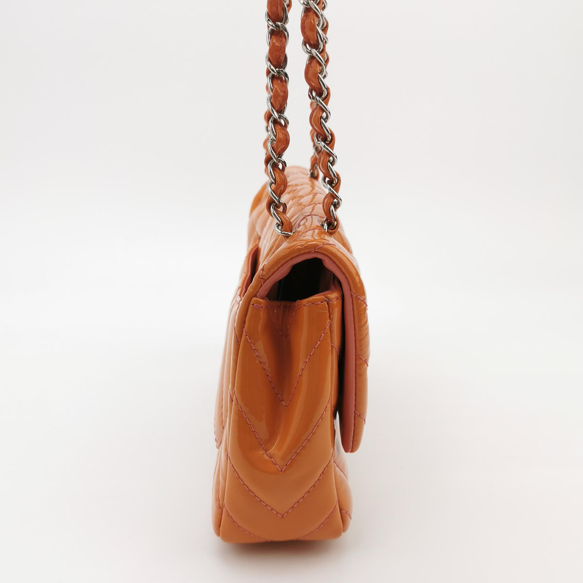 Chanel Chevron Single Flap Shoulder Bag Orange Patent