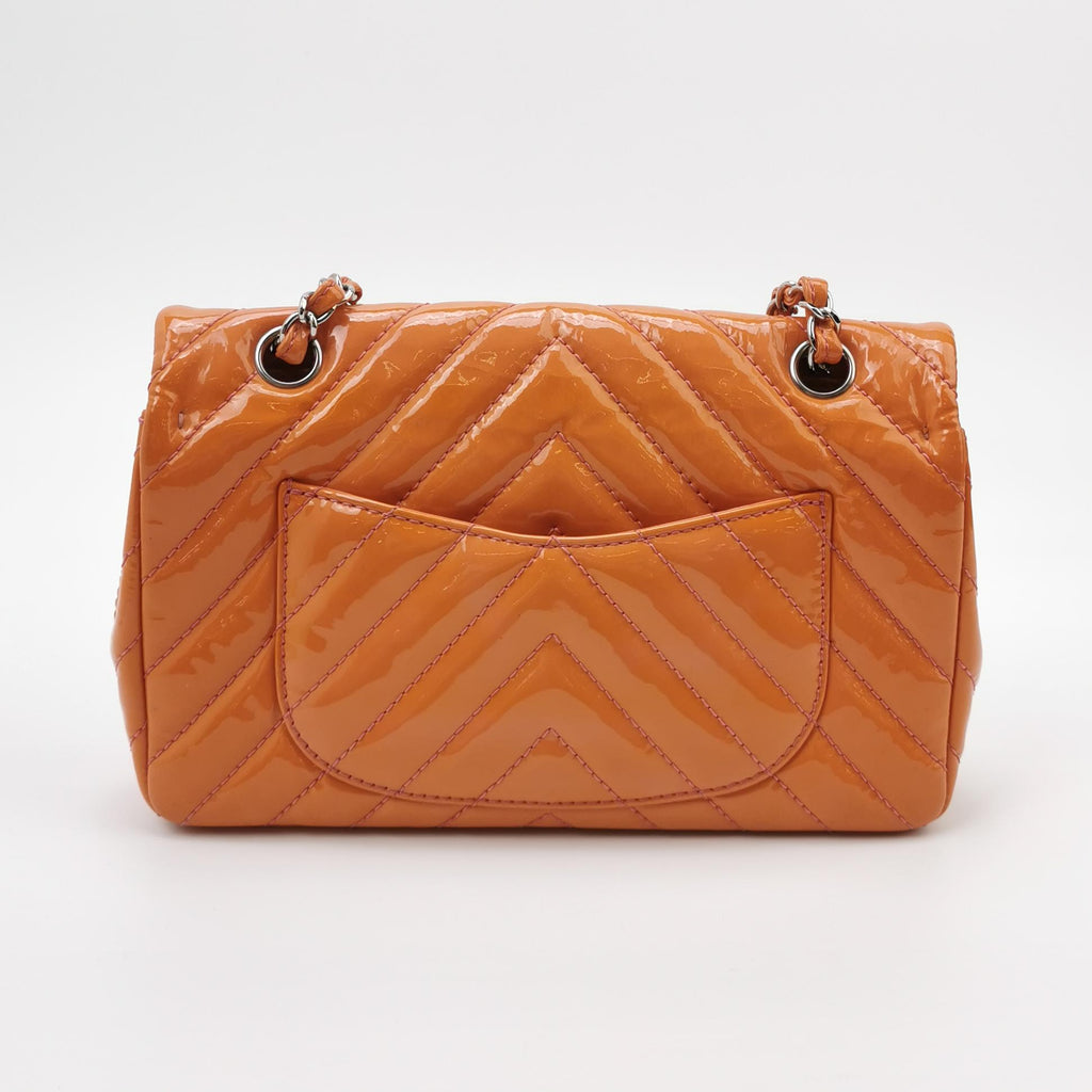 Chanel Chevron Single Flap Shoulder Bag Orange Patent