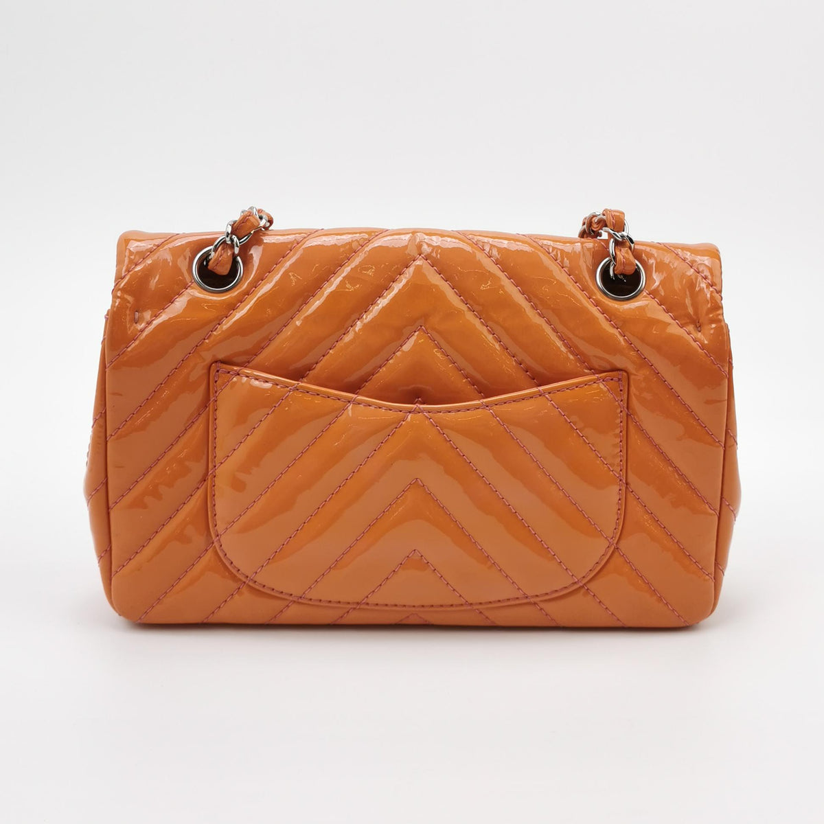 Chanel Chevron Single Flap Shoulder Bag Orange Patent