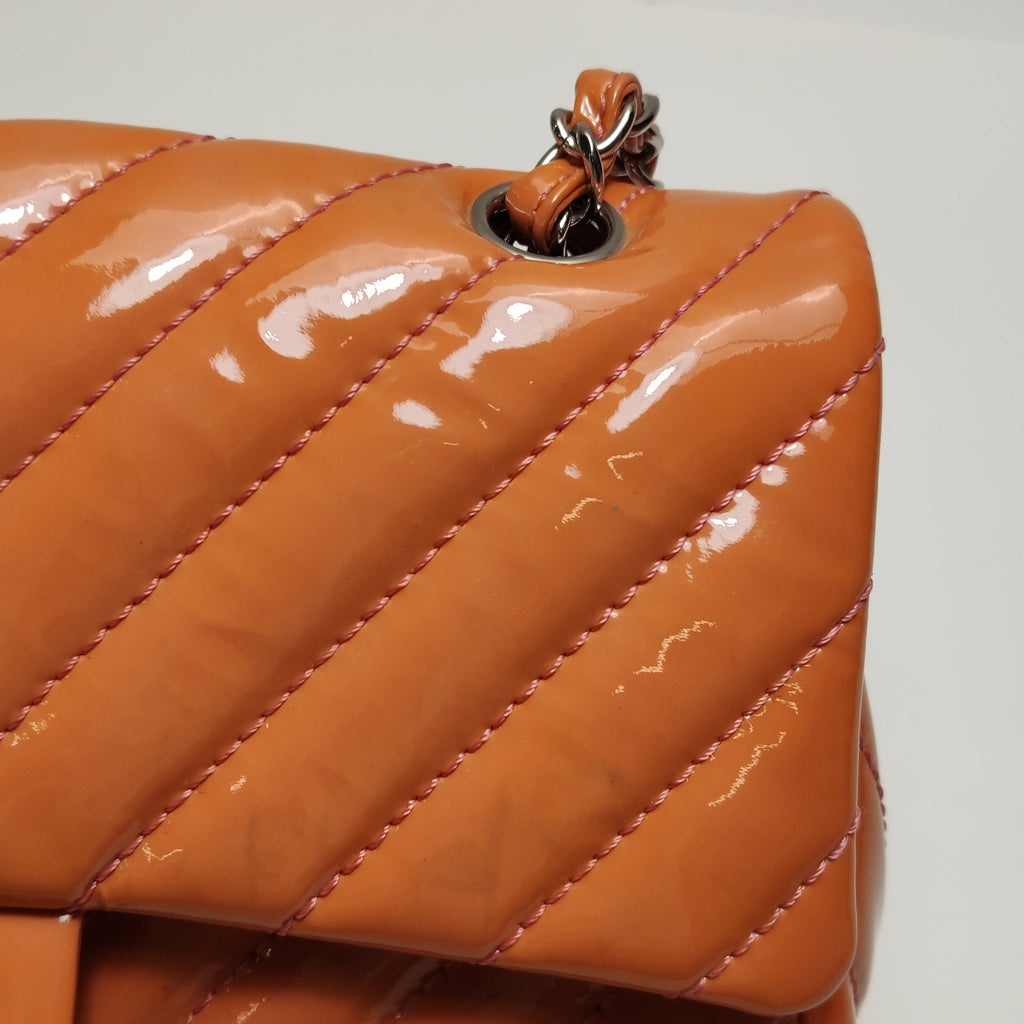 Chanel Chevron Single Flap Shoulder Bag Orange Patent