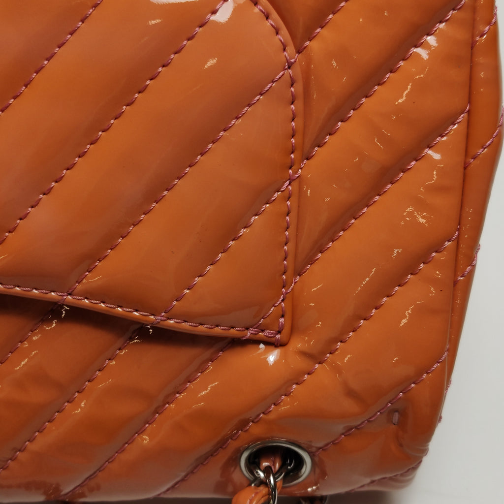 Chanel Chevron Single Flap Shoulder Bag Orange Patent