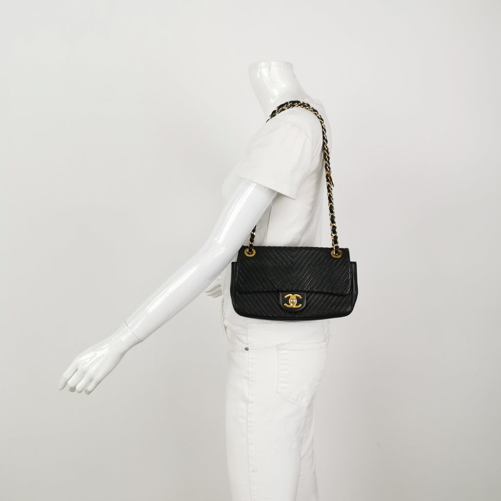 Chanel  Chevron Quilted Surpique Flap Calfskin Black