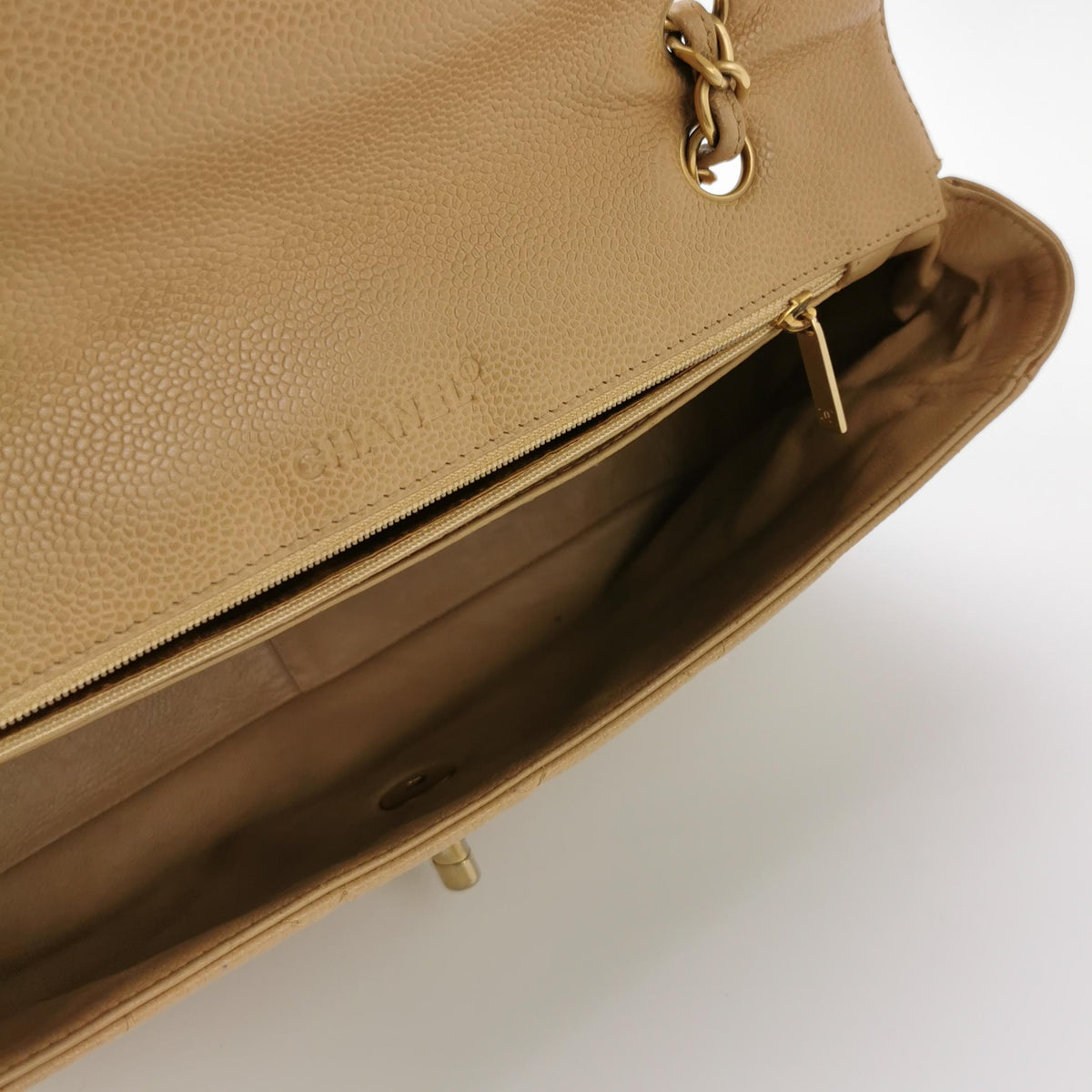 Chanel Single Flap Quilted Caviar Beige