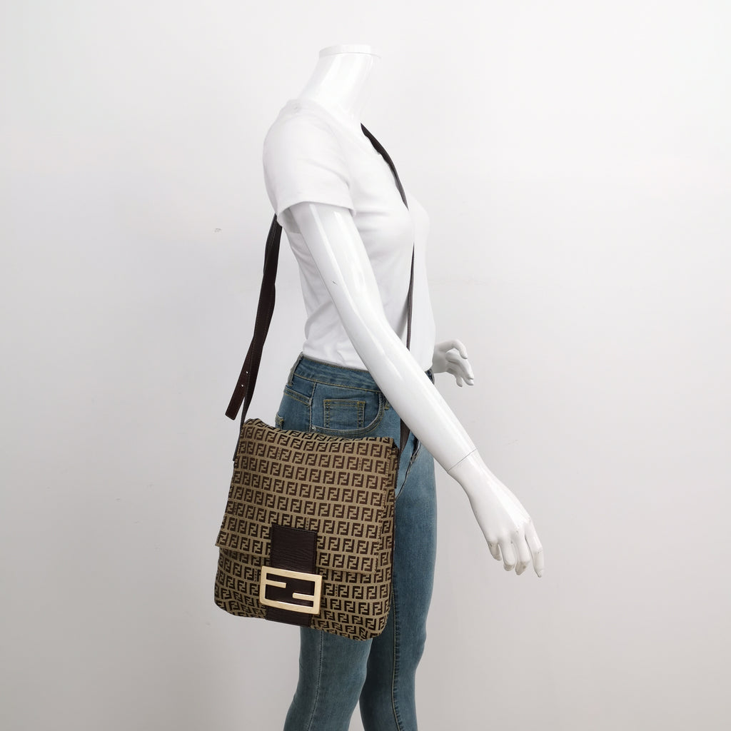 Fendi Zucchino Flap Crossbody Beige Brown