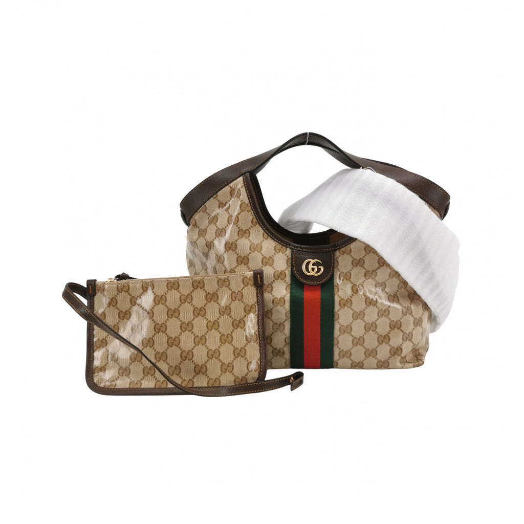 Gucci Web Small Giglio Tote Varnished Monogram Sand Dark Brown