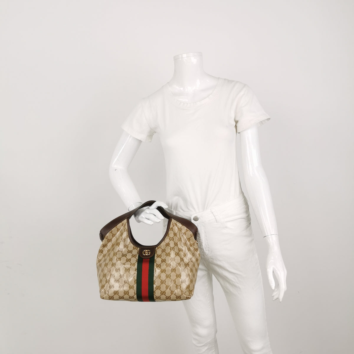 Gucci Web Small Giglio Tote Varnished Monogram Sand Dark Brown