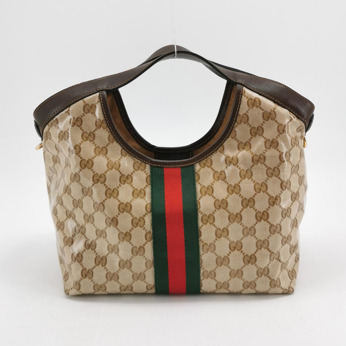 Gucci Web Small Giglio Tote Varnished Monogram Sand Dark Brown