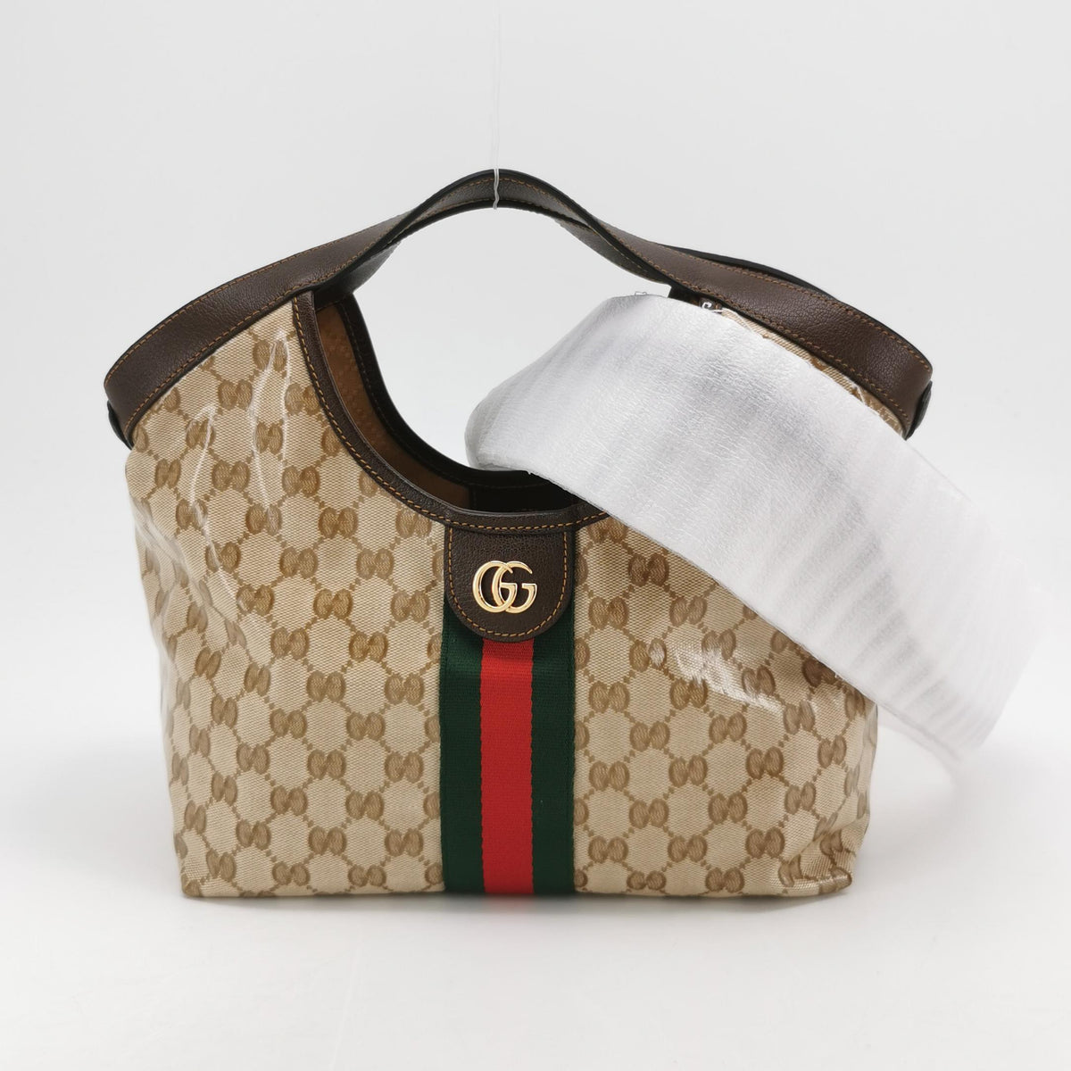 Gucci Web Small Giglio Tote Varnished Monogram Sand Dark Brown
