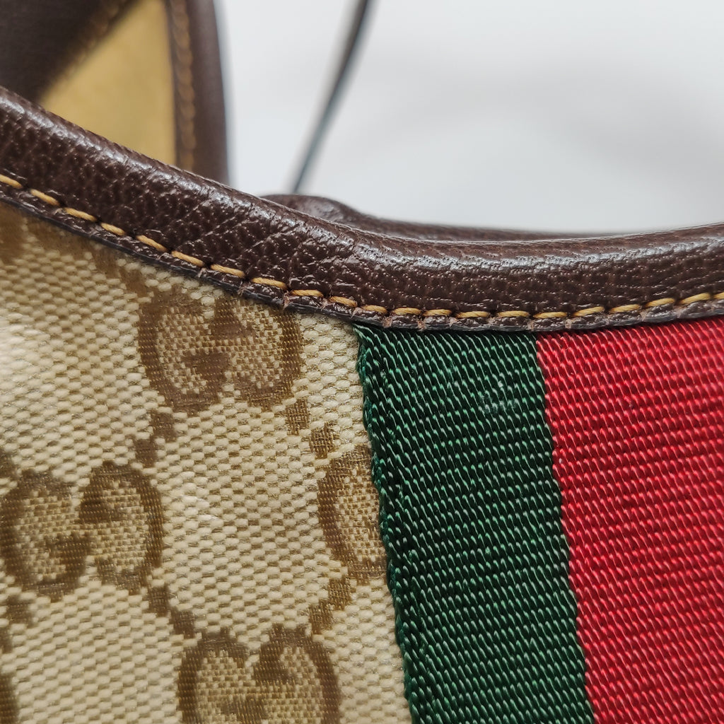 Gucci Web Small Giglio Tote Varnished Monogram Sand Dark Brown