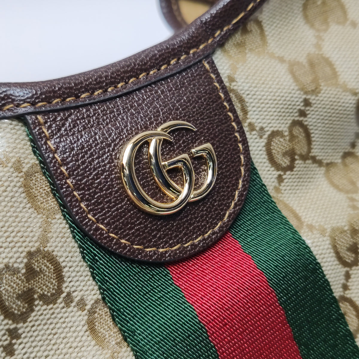 Gucci Web Small Giglio Tote Varnished Monogram Sand Dark Brown