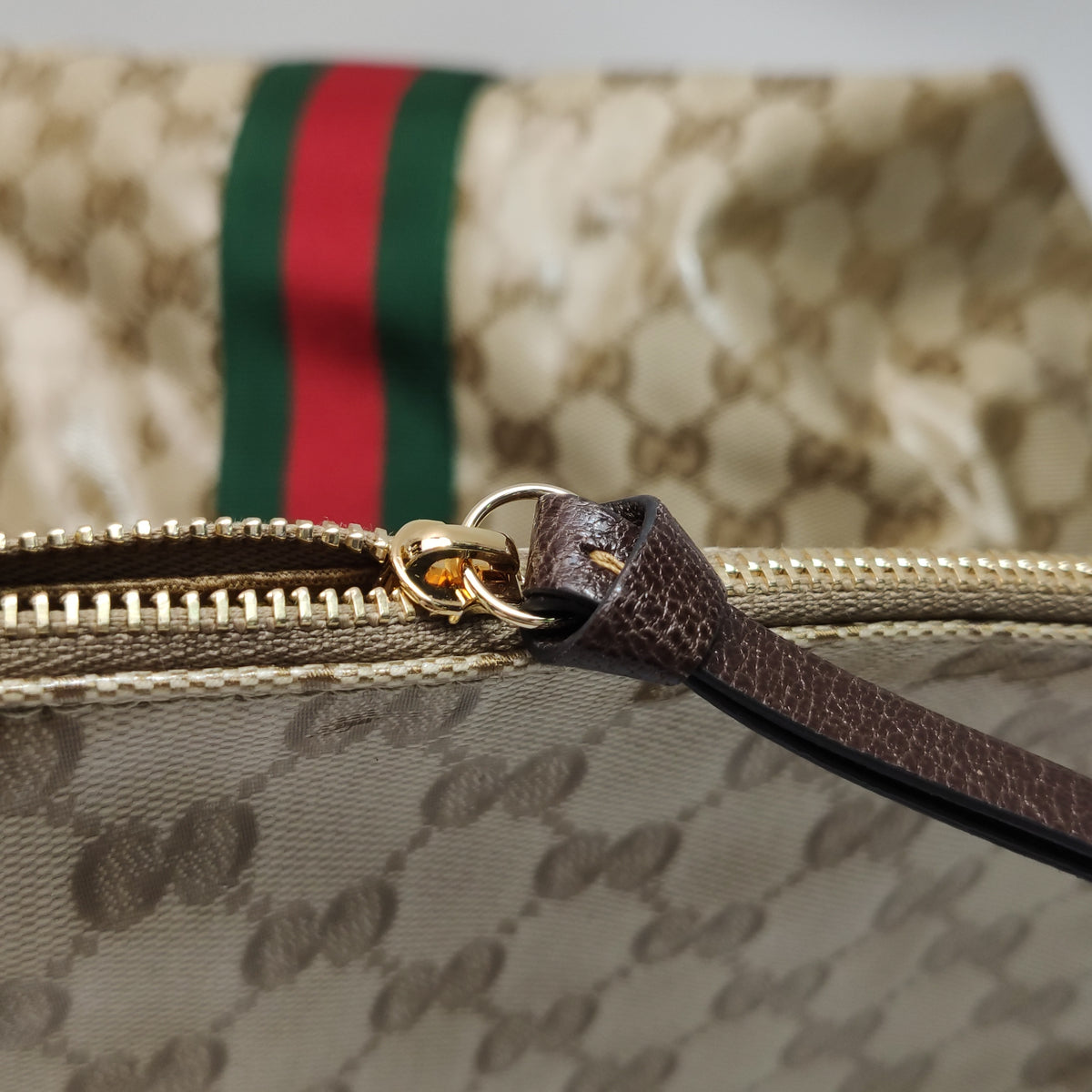 Gucci Web Small Giglio Tote Varnished Monogram Sand Dark Brown
