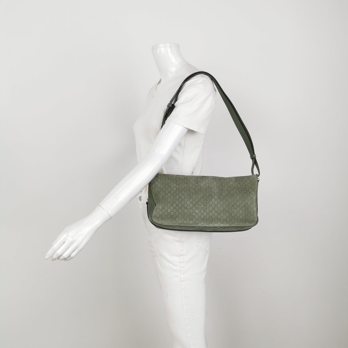 Gucci Half Horsebit Suede Shoulder Bag Sage Green