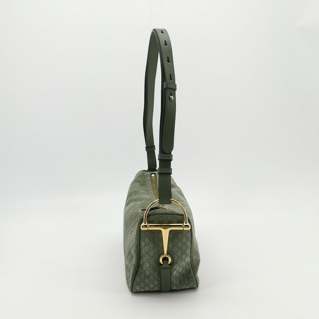 Gucci Half Horsebit Suede Shoulder Bag Sage Green