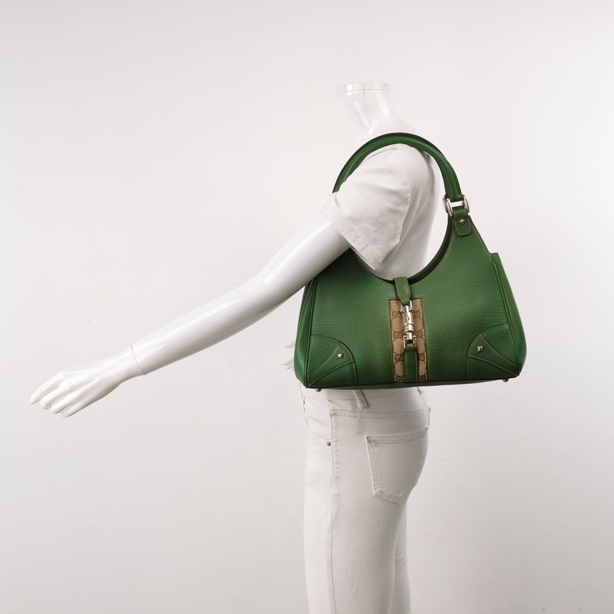 Gucci Jackie Nailhead Bardot Hobo Bag Green