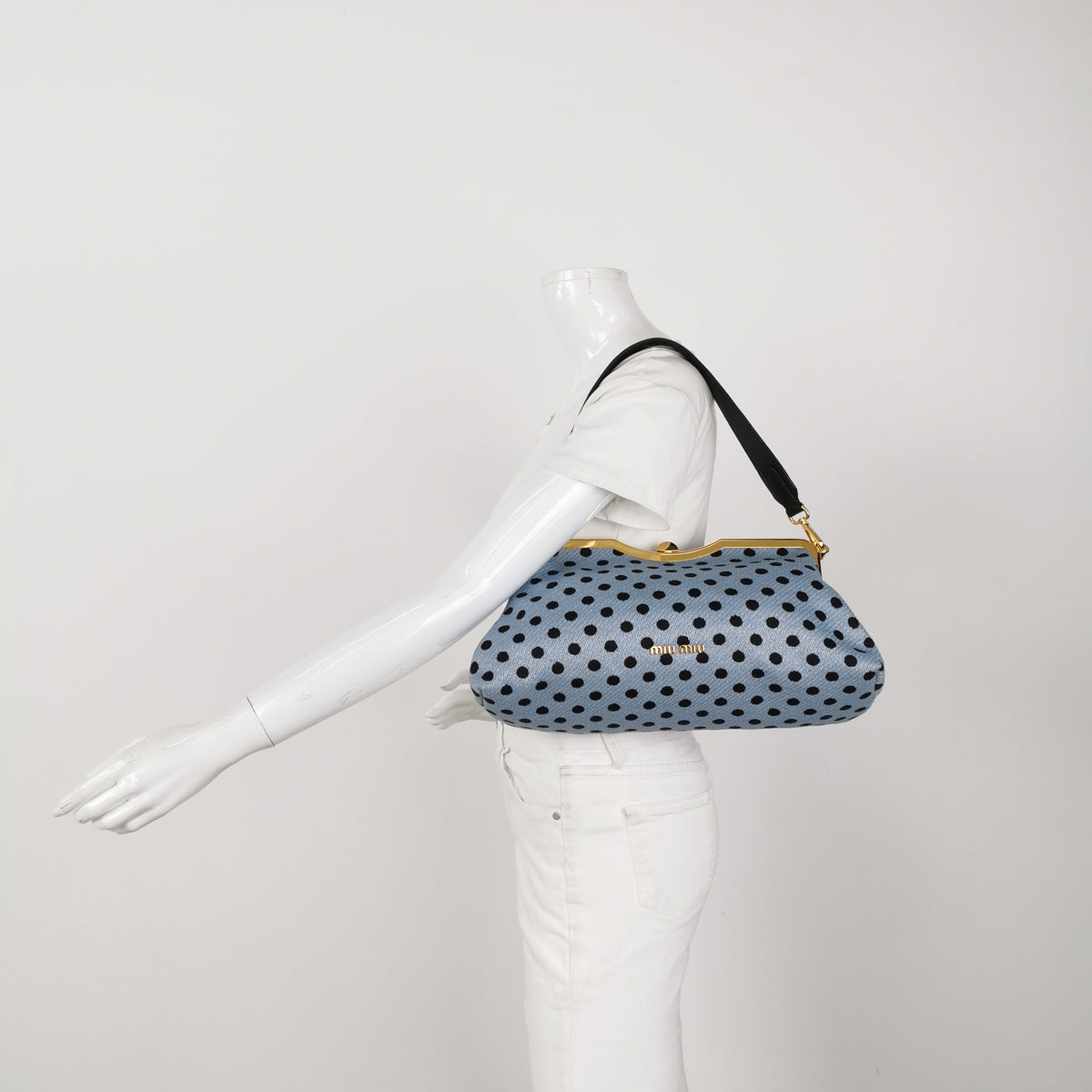 Miu Miu Blue Black Knit Fabric Polkadot Metal Frame Shoulder