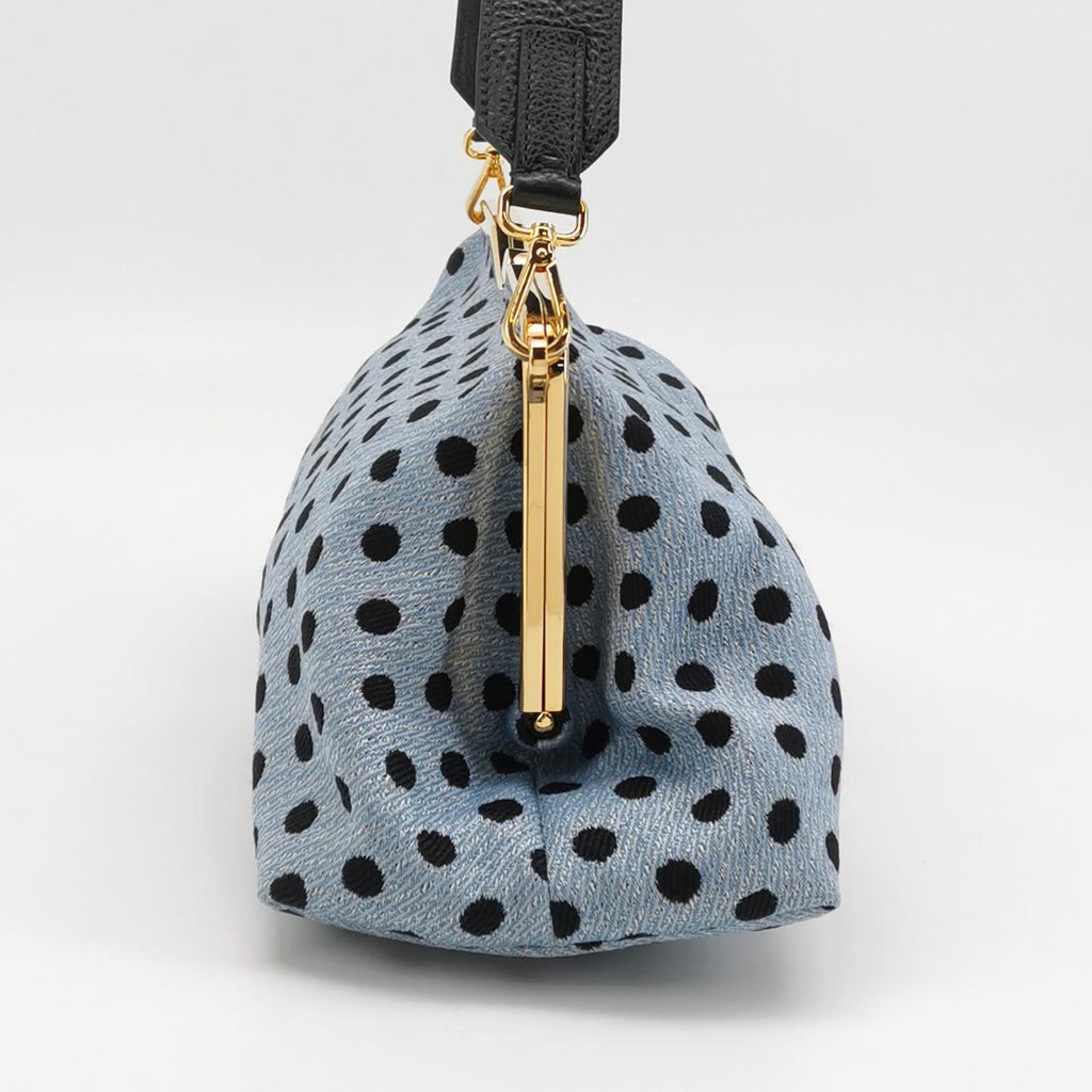 Miu Miu Blue Black Knit Fabric Polkadot Metal Frame Shoulder