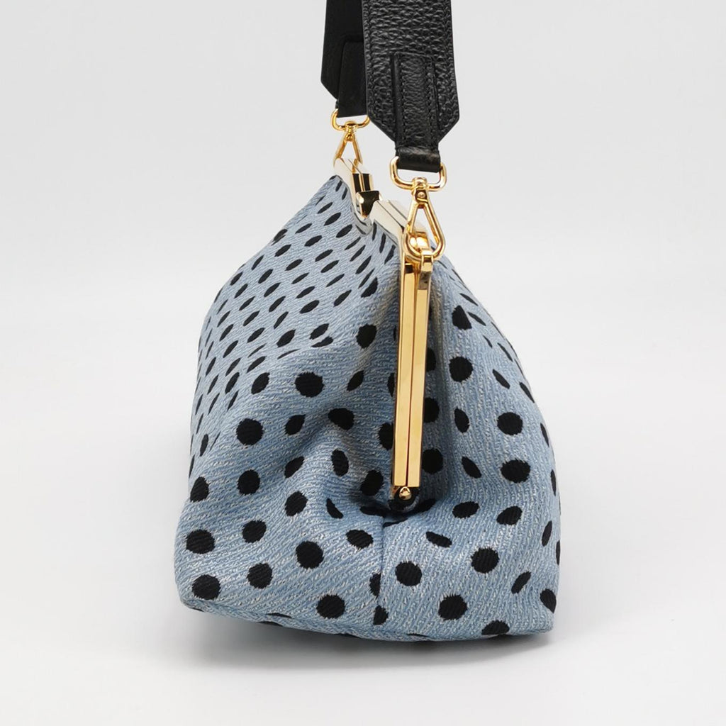 Miu Miu Blue Black Knit Fabric Polkadot Metal Frame Shoulder