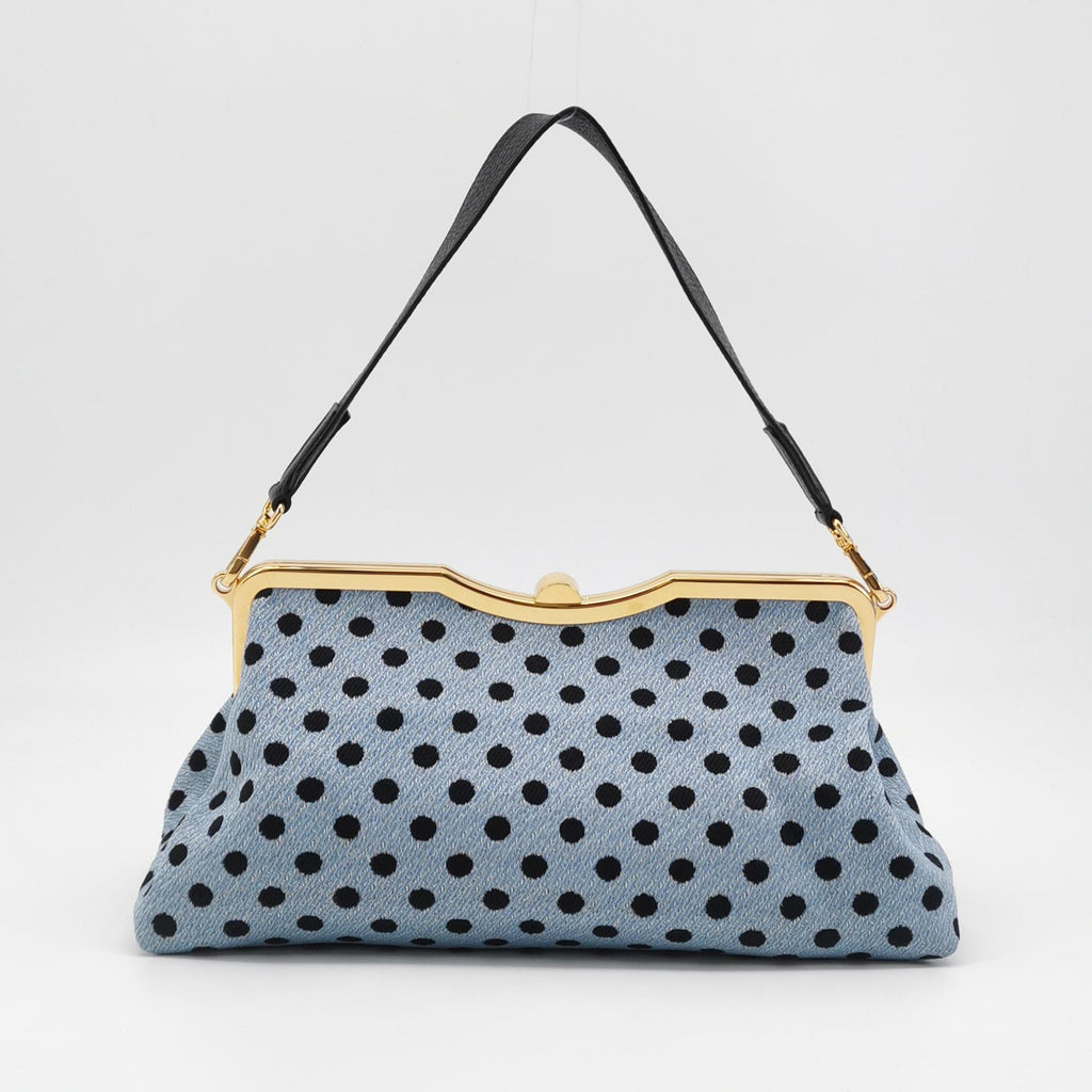 Miu Miu Blue Black Knit Fabric Polkadot Metal Frame Shoulder