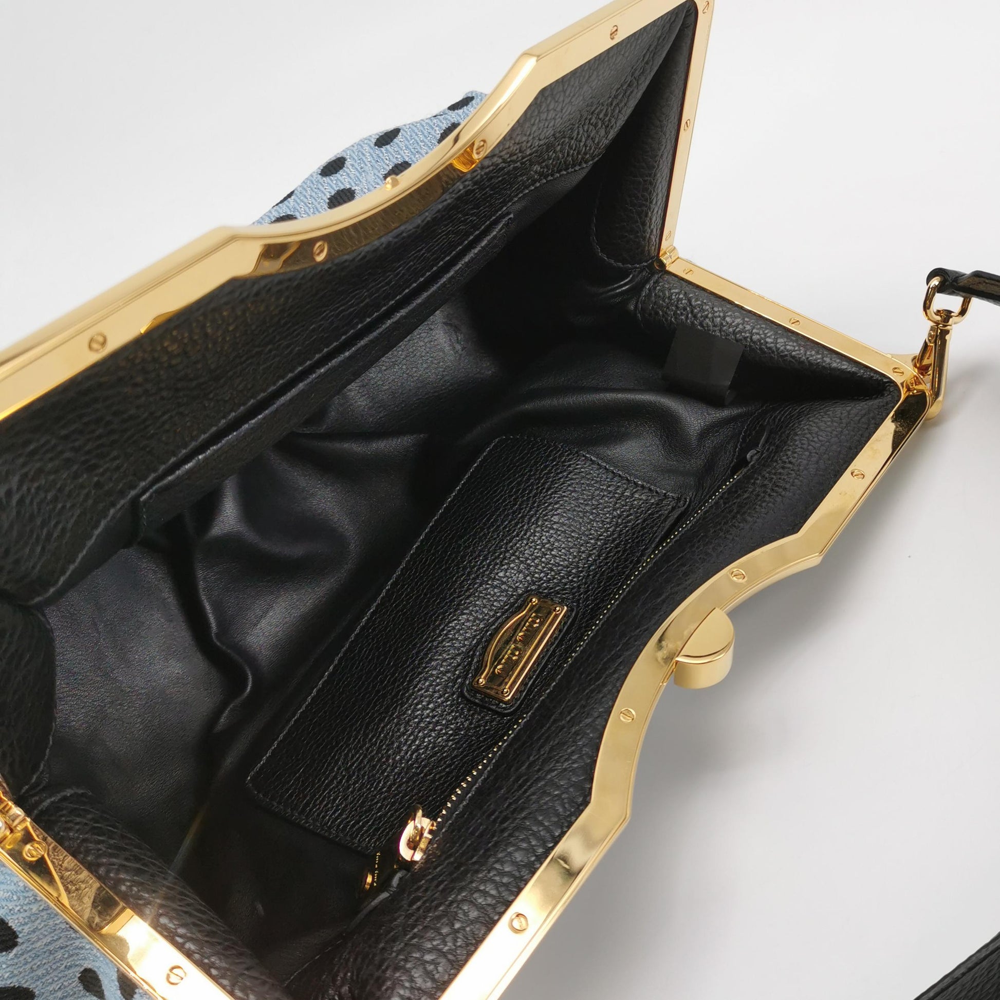 Miu Miu Blue Black Knit Fabric Polkadot Metal Frame Shoulder