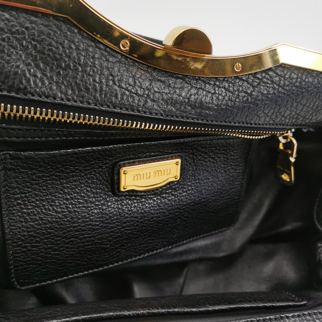 Miu Miu Blue Black Knit Fabric Polkadot Metal Frame Shoulder