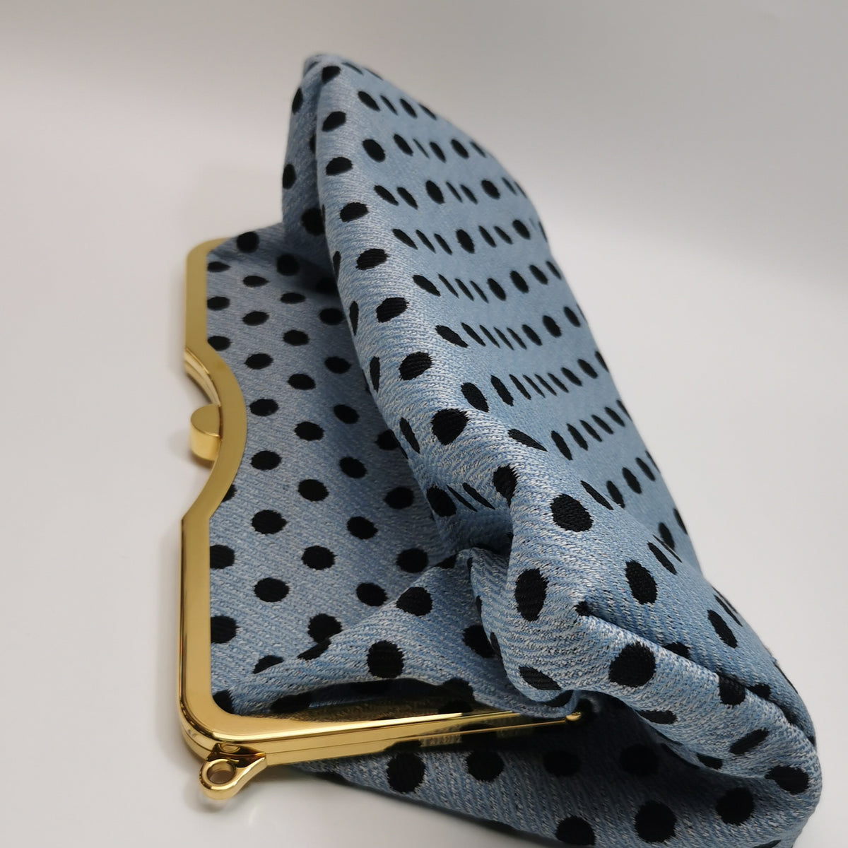 Miu Miu Blue Black Knit Fabric Polkadot Metal Frame Shoulder