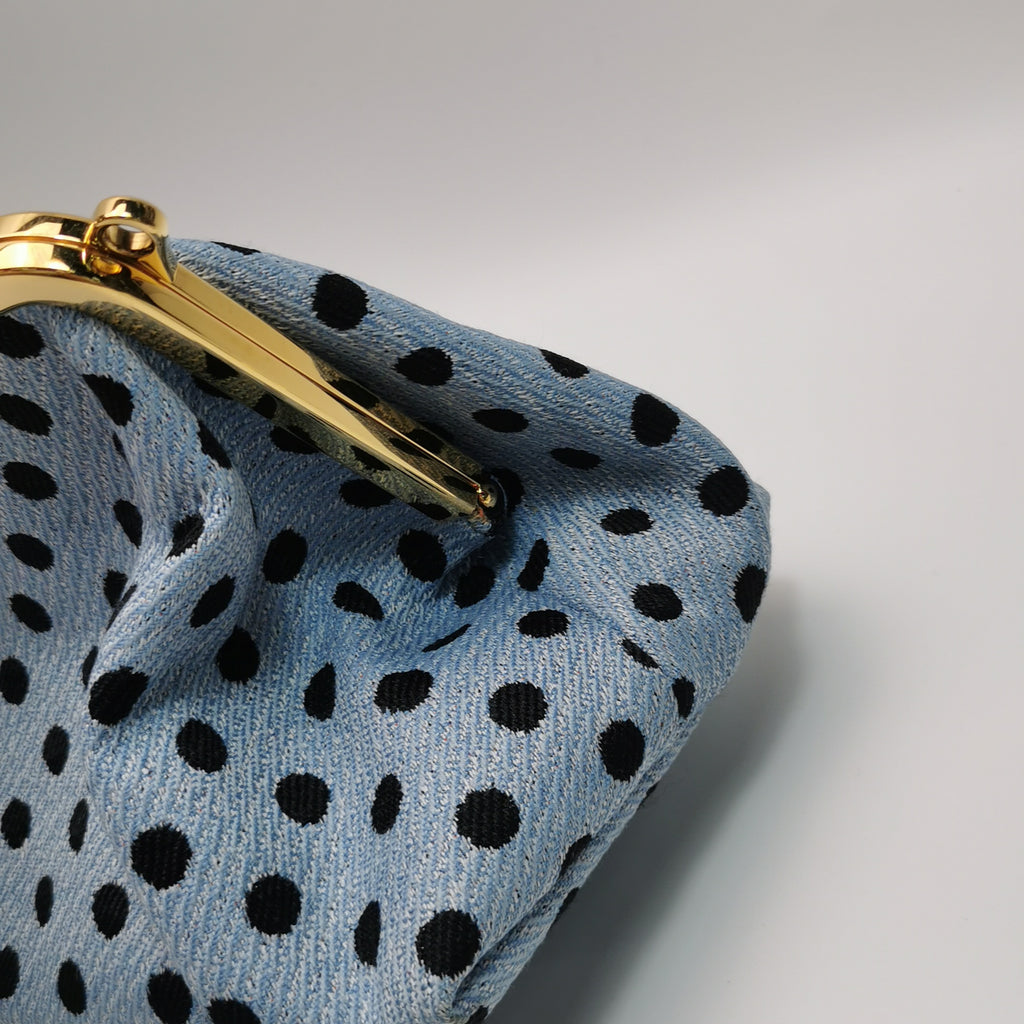 Miu Miu Blue Black Knit Fabric Polkadot Metal Frame Shoulder