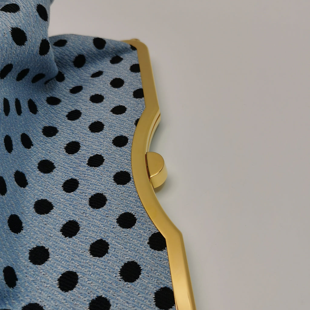 Miu Miu Blue Black Knit Fabric Polkadot Metal Frame Shoulder