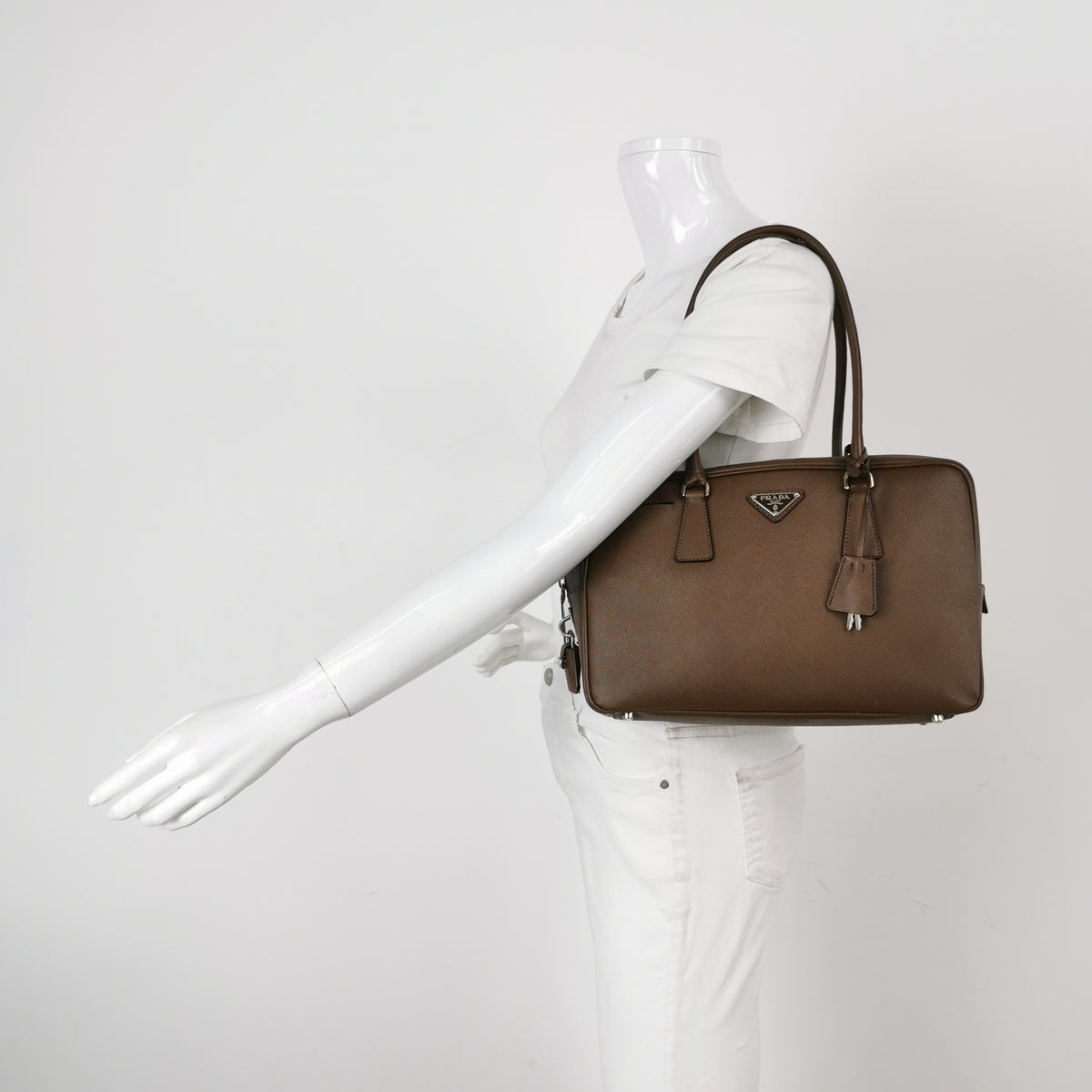 Prada Saffiano Lux Bowler Bag Brown