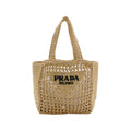Prada Yarn Raffia Effect Crochet Logo Embroidered Small Tote Bag Naturale