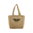Prada Yarn Raffia Effect Crochet Logo Embroidered Small Tote Bag Naturale