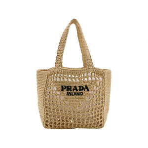 Prada Yarn Raffia Effect Crochet Logo Embroidered Small Tote Bag Naturale