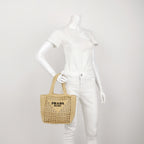 Prada Yarn Raffia Effect Crochet Logo Embroidered Small Tote Bag Naturale