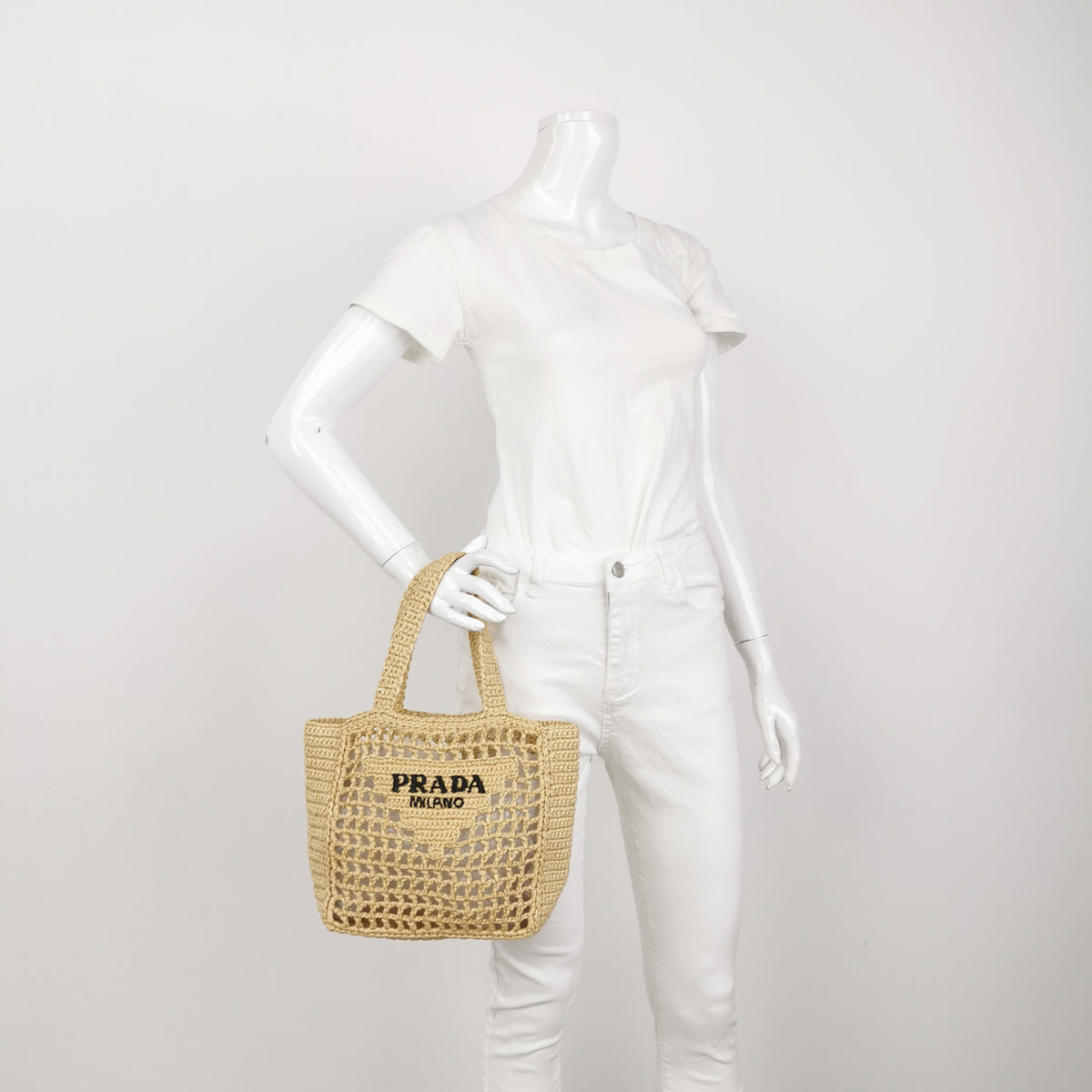 Prada Yarn Raffia Effect Crochet Logo Embroidered Small Tote Bag Naturale