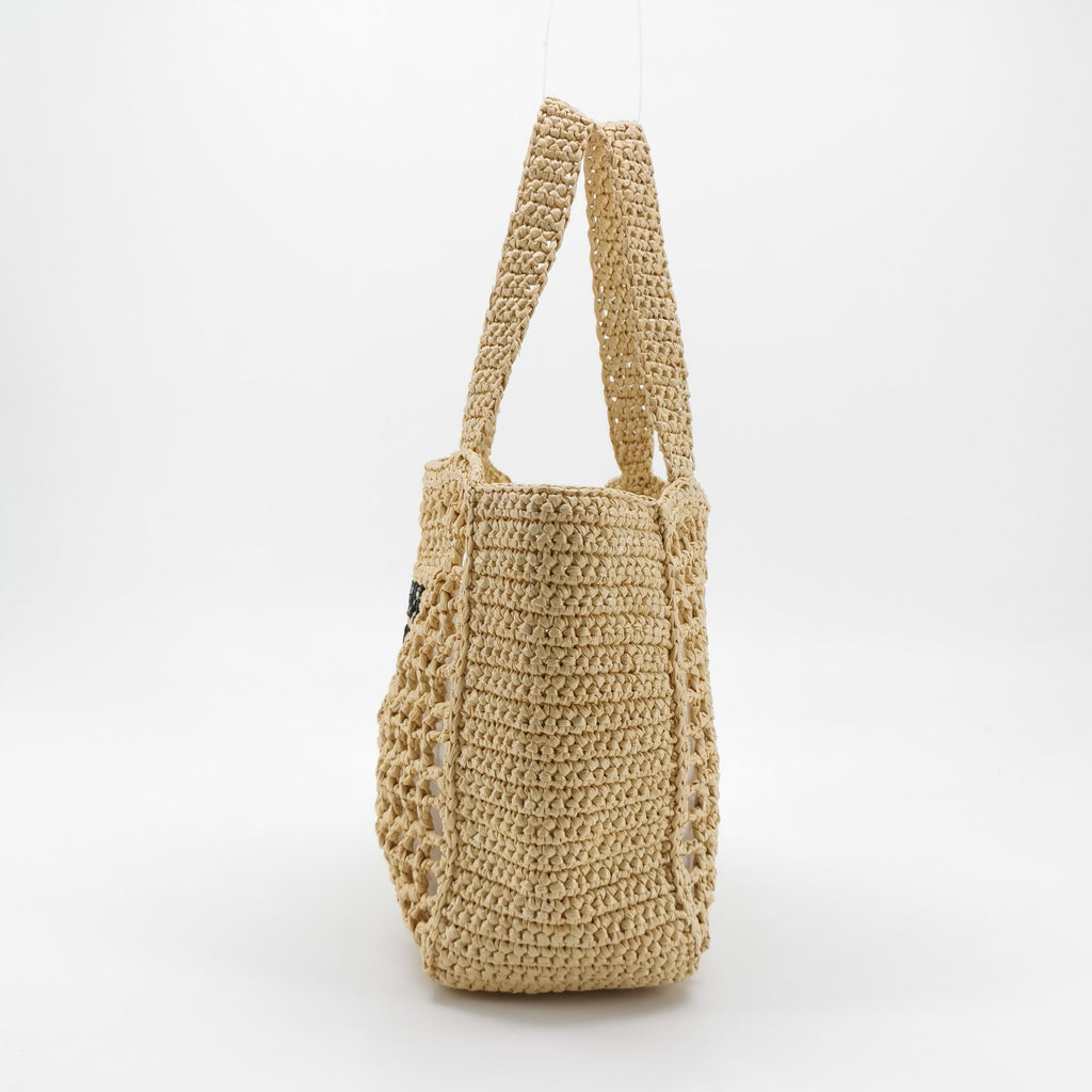 Prada Yarn Raffia Effect Crochet Logo Embroidered Small Tote Bag Naturale