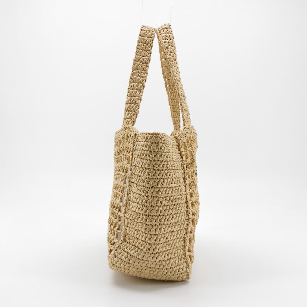 Prada Yarn Raffia Effect Crochet Logo Embroidered Small Tote Bag Naturale