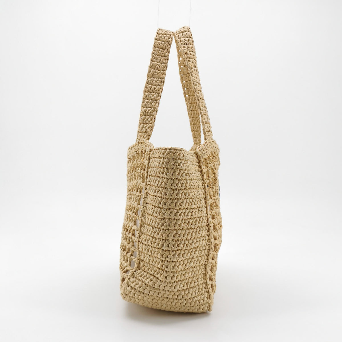 Prada Yarn Raffia Effect Crochet Logo Embroidered Small Tote Bag Naturale