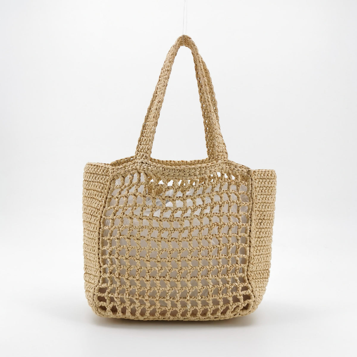 Prada Yarn Raffia Effect Crochet Logo Embroidered Small Tote Bag Naturale