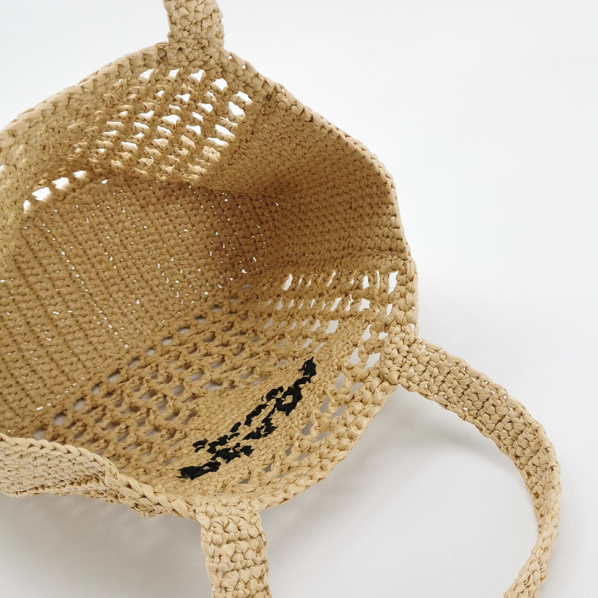 Prada Yarn Raffia Effect Crochet Logo Embroidered Small Tote Bag Naturale