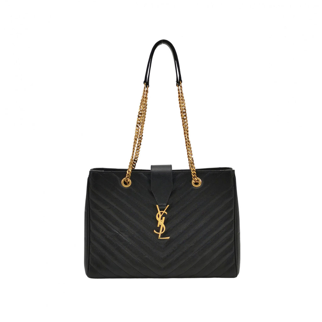 Saint Laurent Chevron Monogram Shopping Bag Grain De Poudre Black