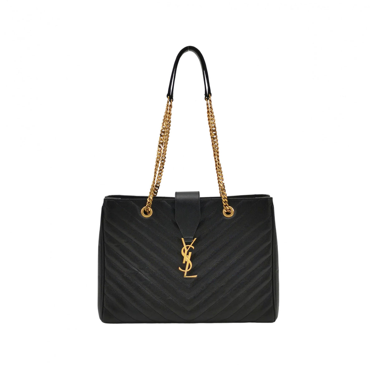 Saint Laurent Chevron Monogram Shopping Bag Grain De Poudre Black