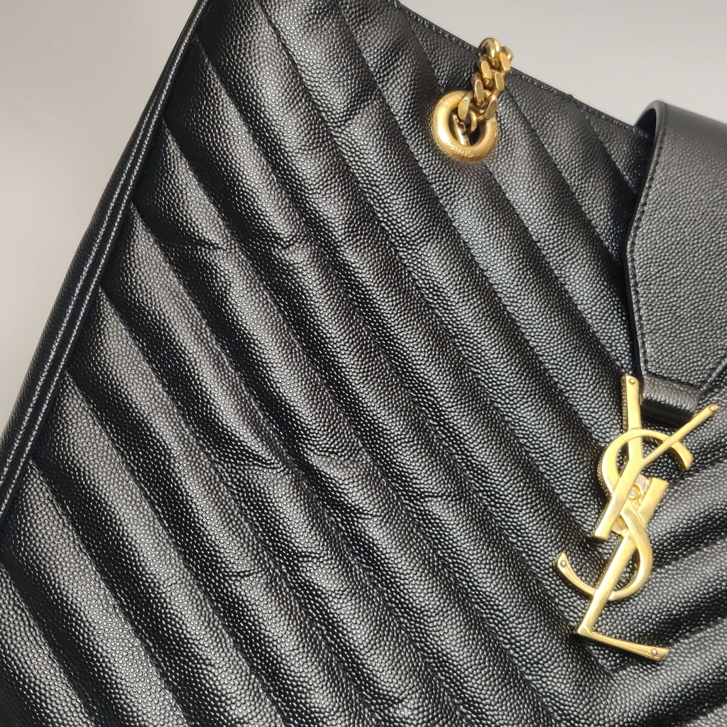 Saint Laurent Chevron Monogram Shopping Bag Grain De Poudre Black