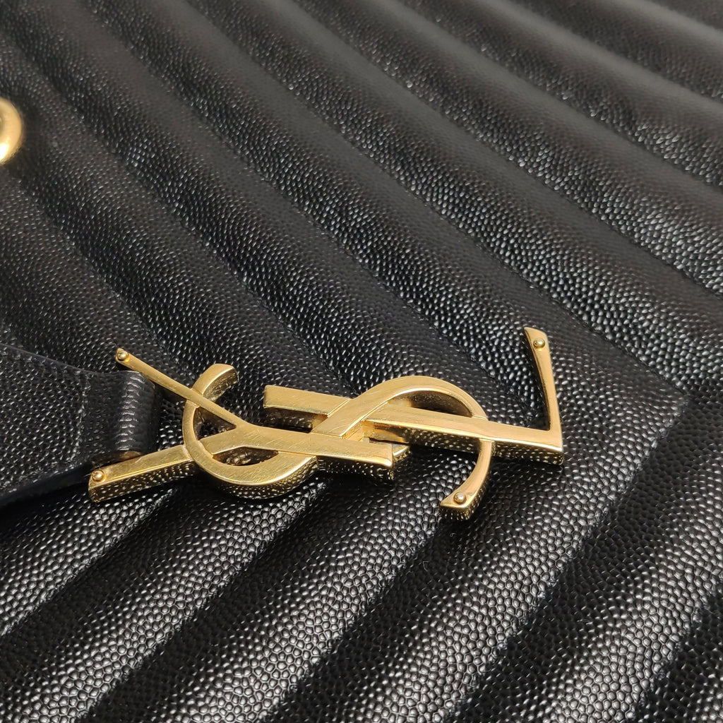 Saint Laurent Chevron Monogram Shopping Bag Grain De Poudre Black