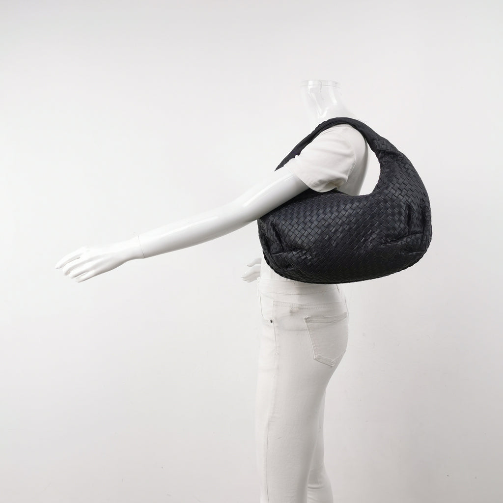 Bottega Veneta Intrecciato Belly Hobo Charcoal Blue